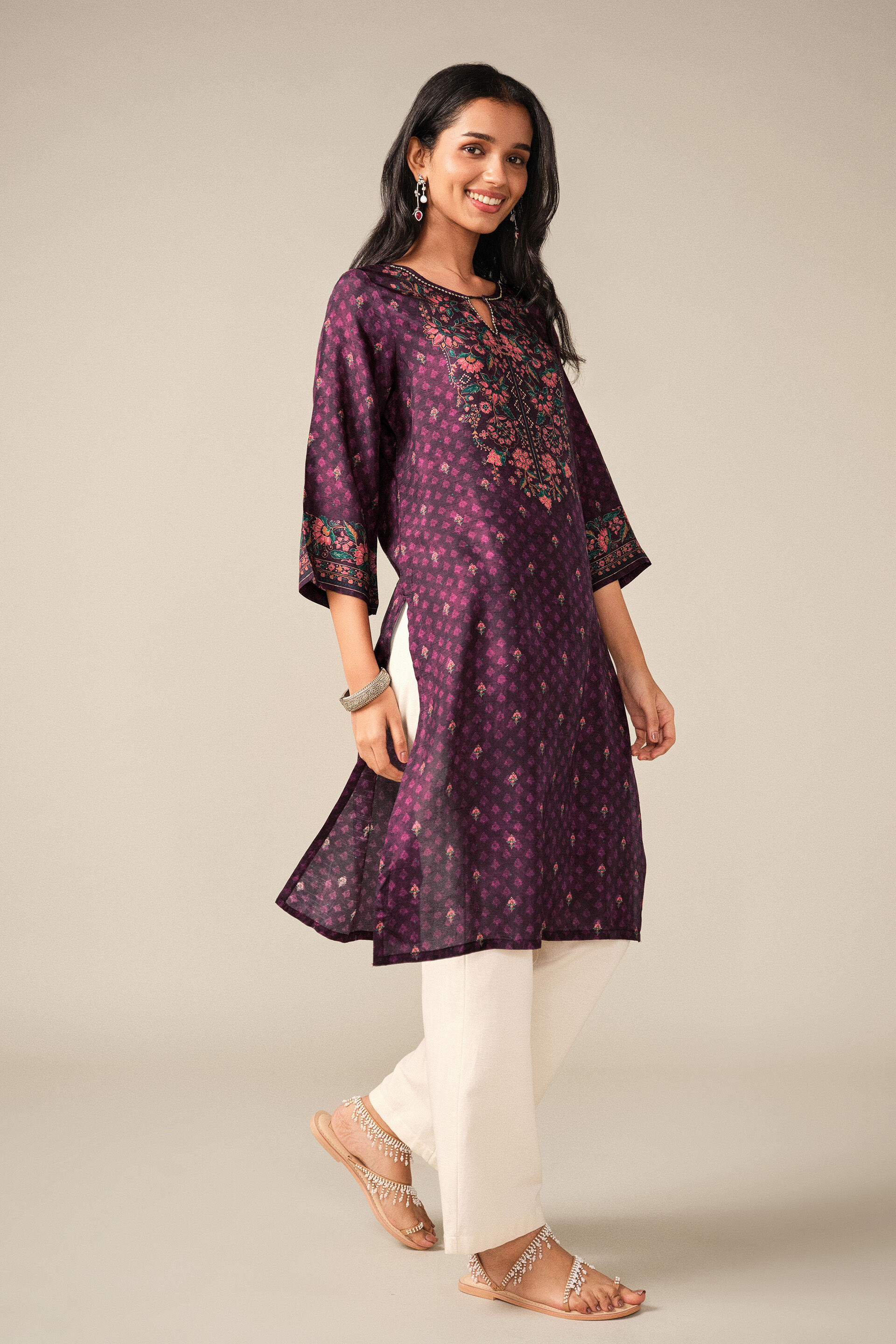 Printed Kurta in Wine, Wine, image 3